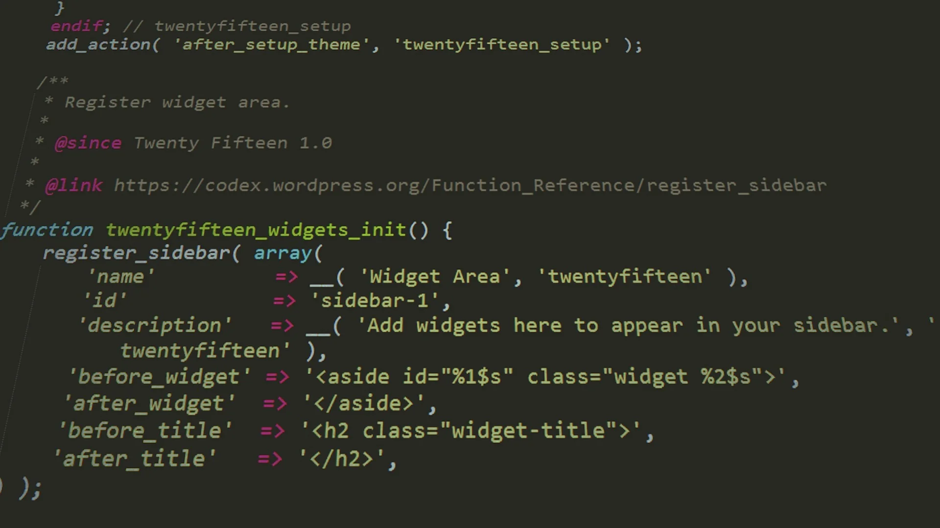 Le code source de la sidebar du thème wordpress twentyfifteen comme un developpeur web le voit dans son éditeur de code