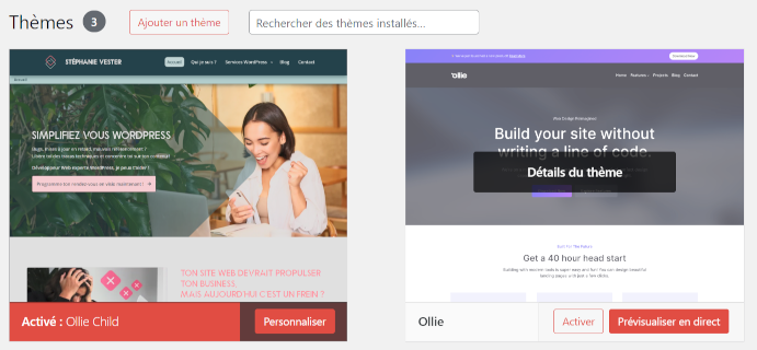 Vue des thèmes parent et enfants pendant ma refonte de site WordPress.