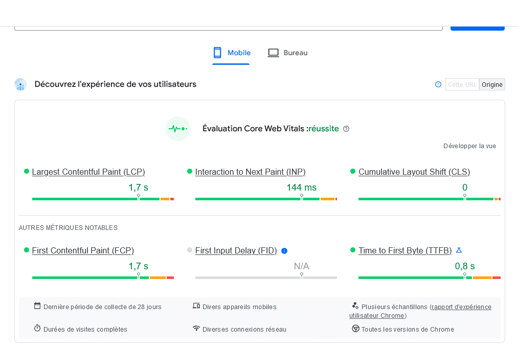 Les infos utilisateurs de page speed insight chez SEOMix