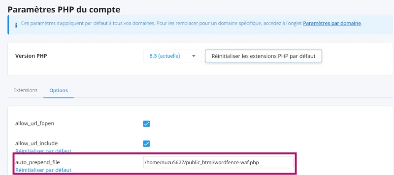 Paramètres PHP avec auto_prepend_file configuré depuis le Cpanel o2switch