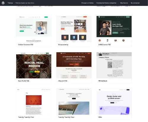 Galerie de thèmes WordPress avec aperçus. Ollie est le thème sélectionné pour ce site