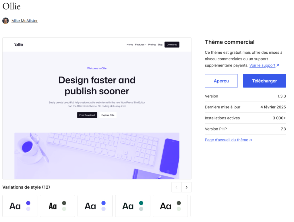 La page du thème Ollie sur le répertoire officiel des plugins de WordPress