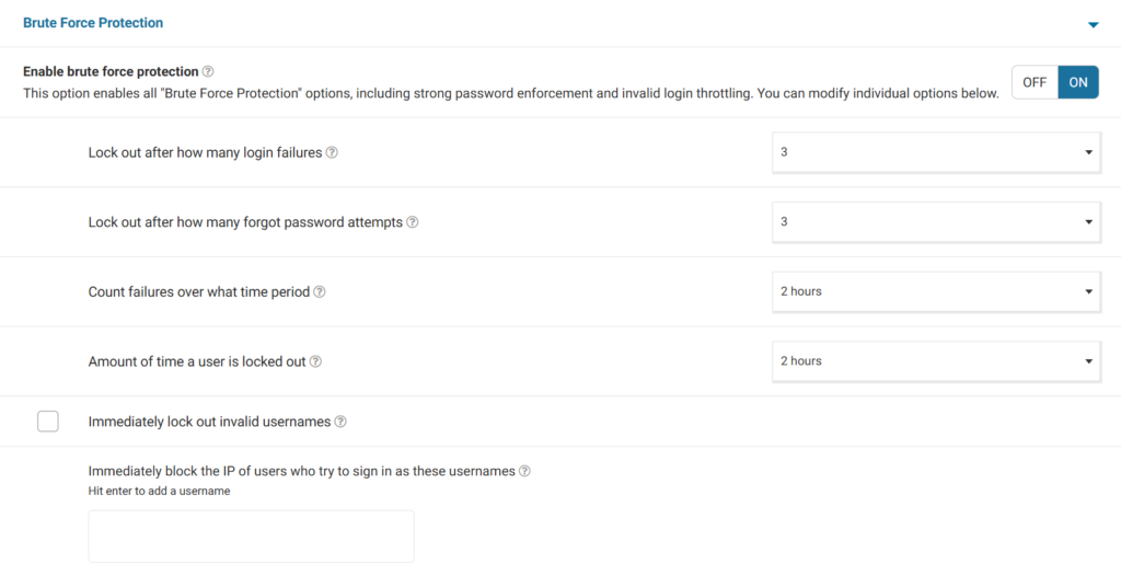 Capture d'écran de l'interface de Wordfence concernant les limites de tentatives de connexion