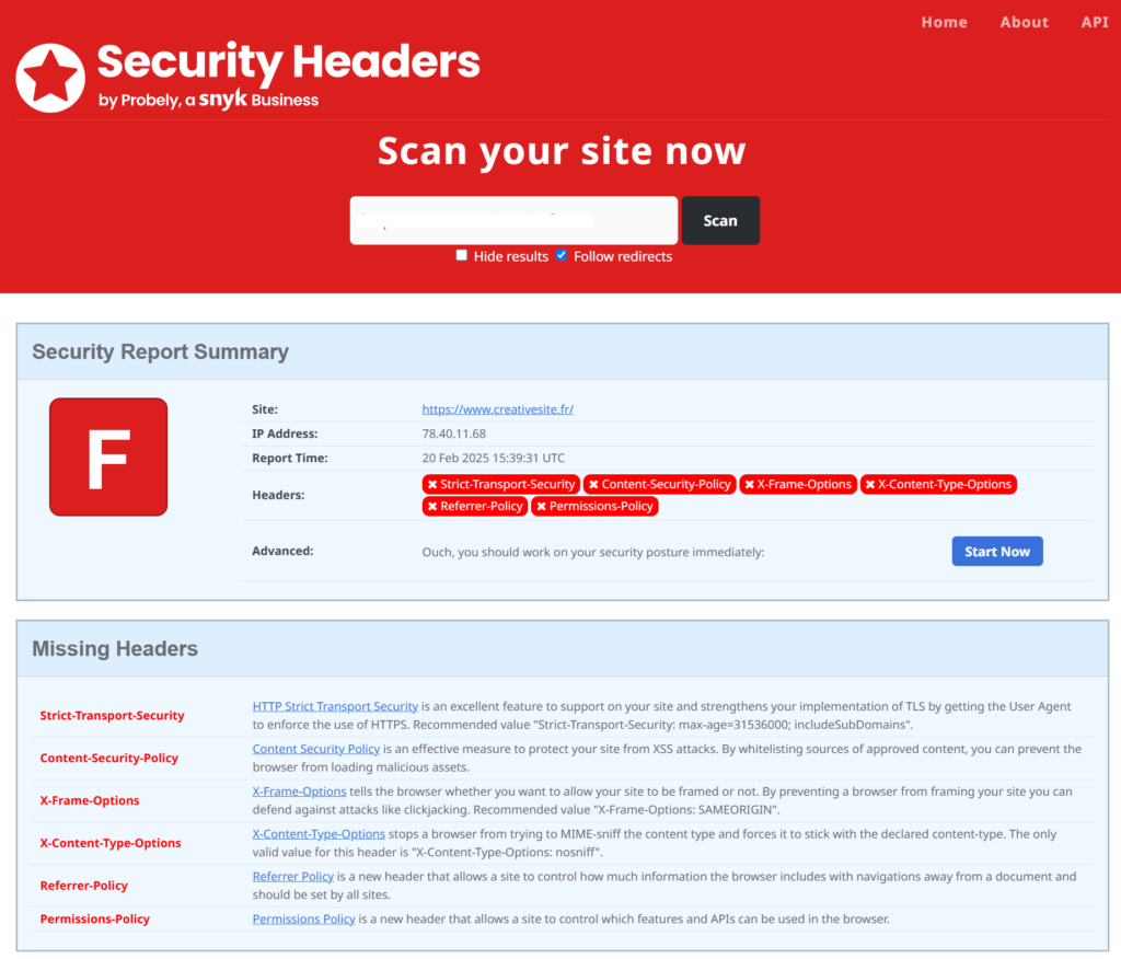Resultat d'un test de header de sécurité sur securityheaders.com