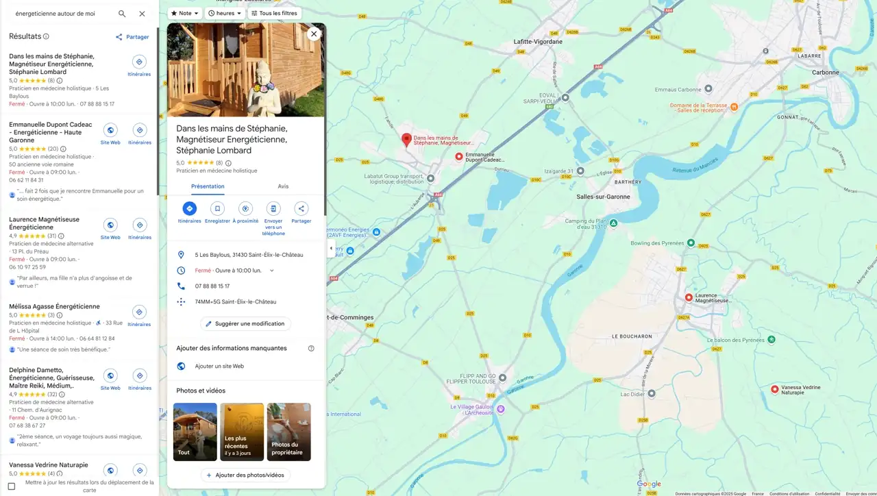 Résultat de recherche pour "energeticienne autour de moi" sur Google Maps
