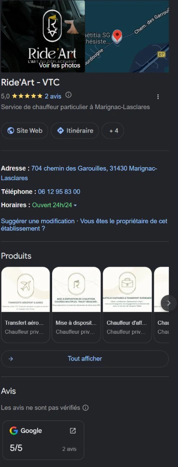 Fiche Google Business Profile Ride'Art VTC Marignac-Lasclares 5 étoiles